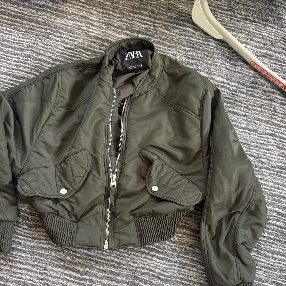 Zara Dark Green Quilted Bomber Jacket